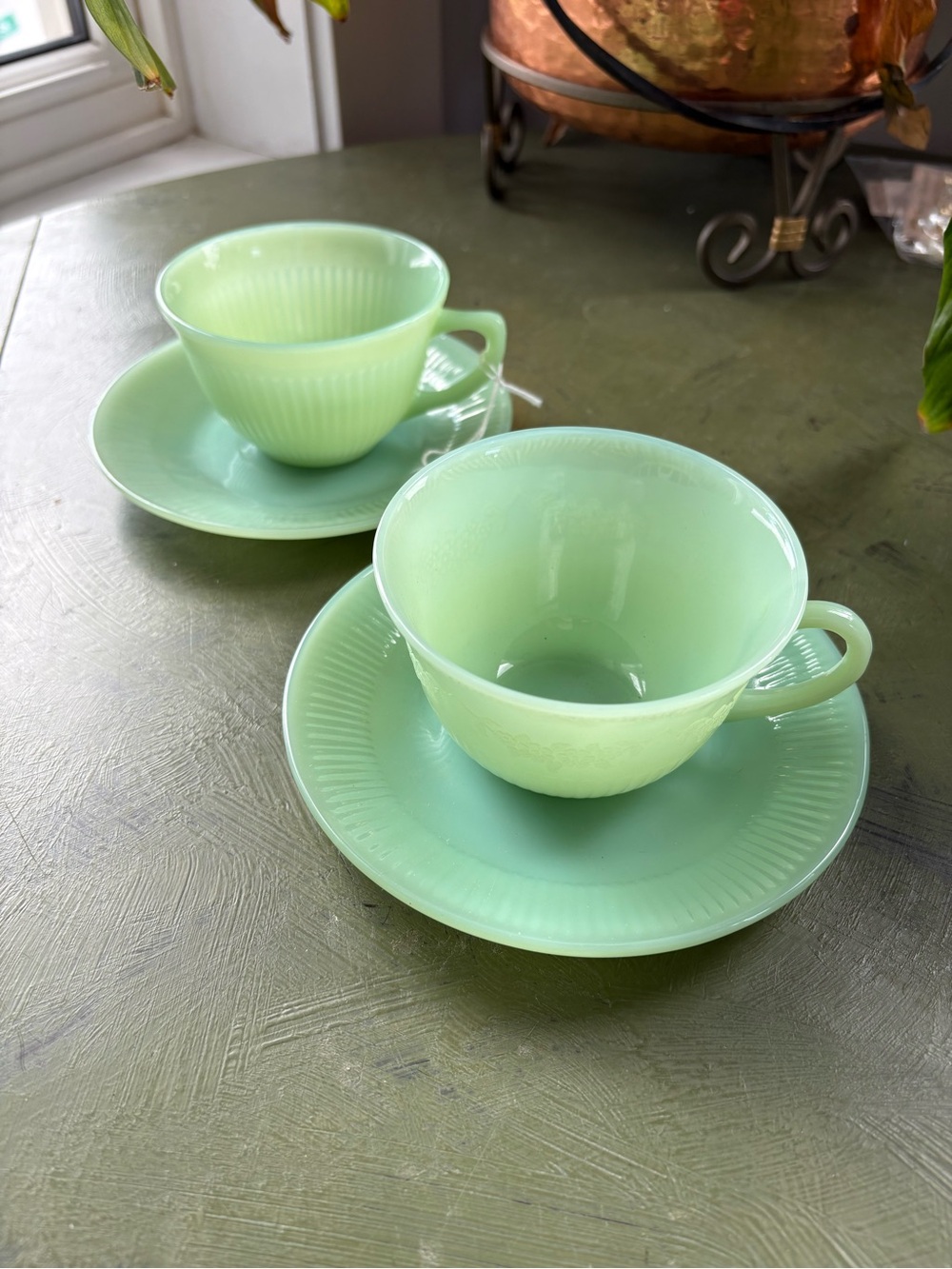 Fire King Vintage Jadeite Glass Teacup and Saucer Set - Mint Green